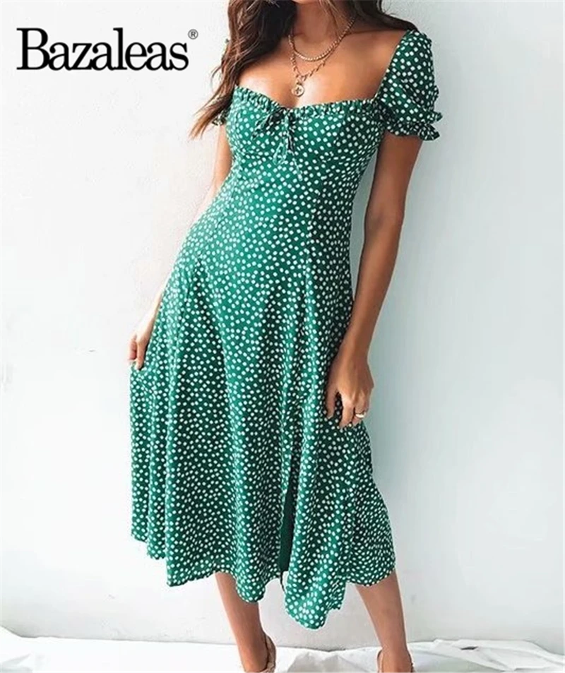 Slim vestidos Green Floral Print Midi Dress Bust Bow Tie summer Vintage Lantern Sleeve women dresses Drop ship | Женская одежда