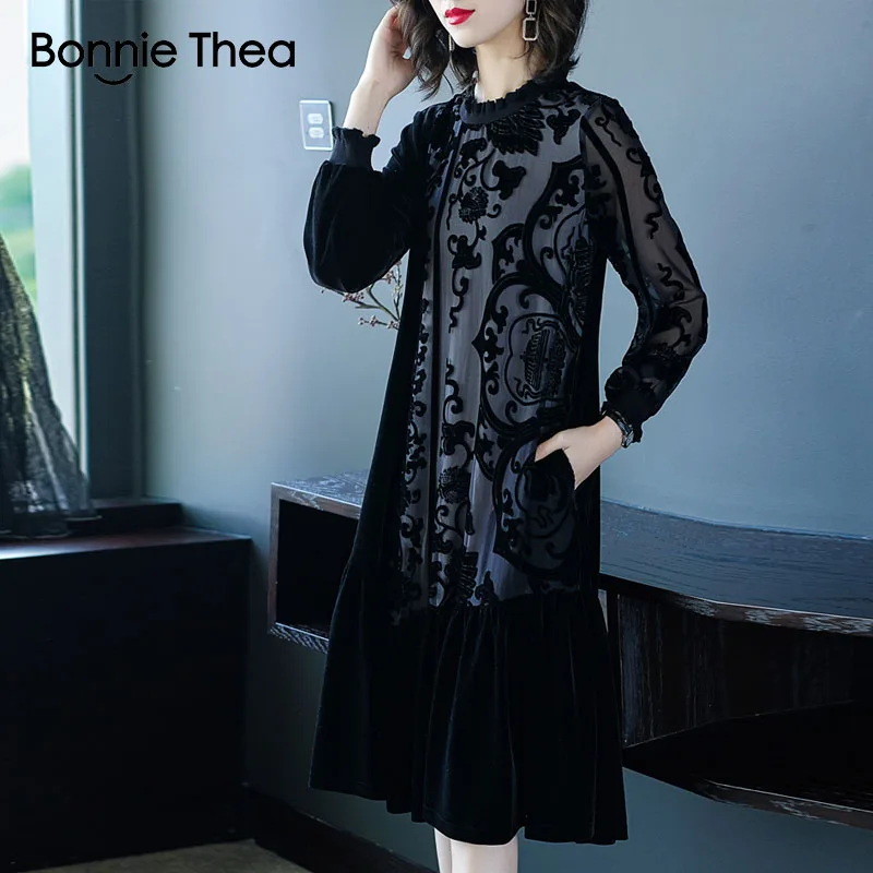 Женское вельветовое платье bonnie thea осеннее с высоким воротом винтажное для