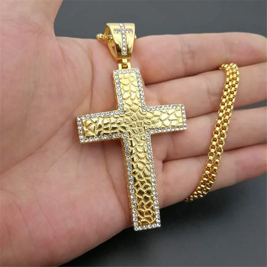 Купи Iced Out CZ Large Big Cross Pendant With Chain Gold Color Stainless Steel Men Necklace Hip Hop Bling Bling Jewelry N1492 за 734 рублей в магазине AliExpress