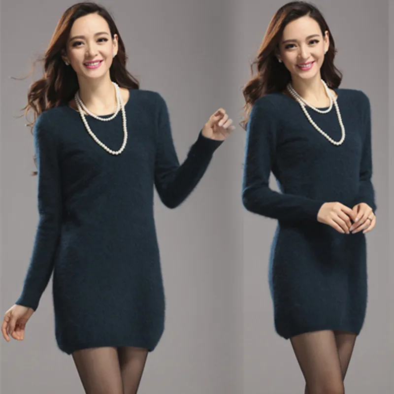 2019 Winter High quality women dress knitted sweater o-neck casual warm Mini Dress 100% mink cashmere pullovers | Женская одежда