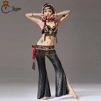 performance women dance wear 3 set clothes beads bra belt with gold chain tribal print pants tribal belly dance costume