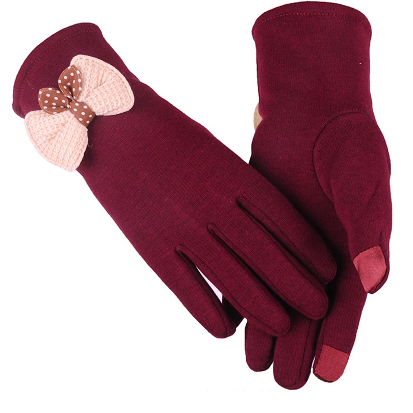 Sweet Bow Tie Winter Gloves Warm Fur Cotton Full Finger Mittens Touchscreen for Lady Designer Women | Аксессуары для одежды