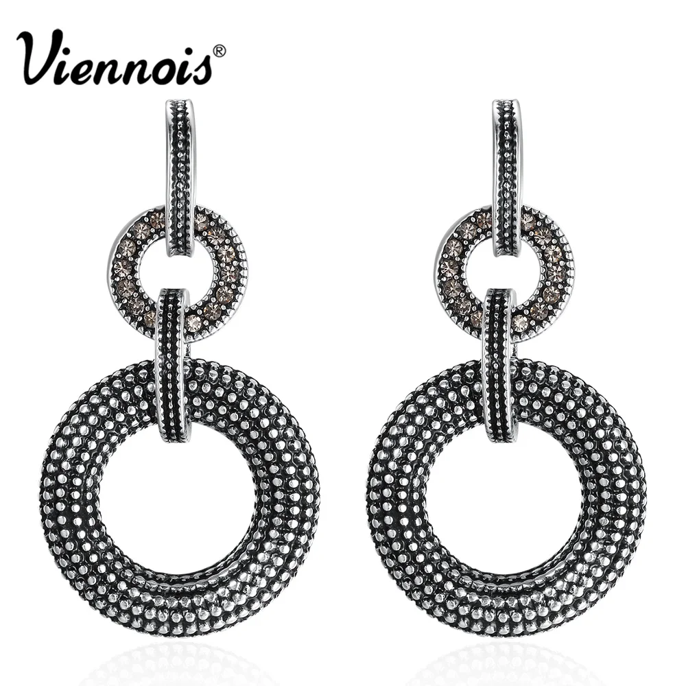 Viennois New Vintage Silver Color Metallic Double Circle Drop Earring Retro Rhinestones Paved Round Dangle Earrings for Women | Украшения и