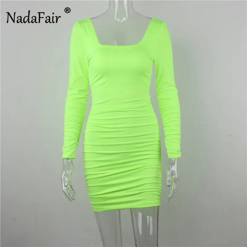 Nadafair с длинным рукавом Мини бодикон платье открытая спина Ruched Клубное белое платье обтягивающее сексуальное вечернее платье для женщин