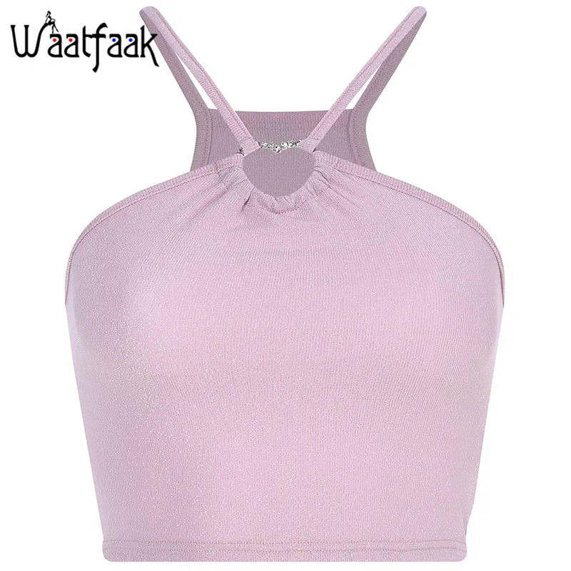Розовый Waatfaak розовый блесток блестками пикантные Ring Tank Top Bodycon ремни вязаные летние топы на бретельках Вечерние Harajuku милые спинки - Цвет: Розовый