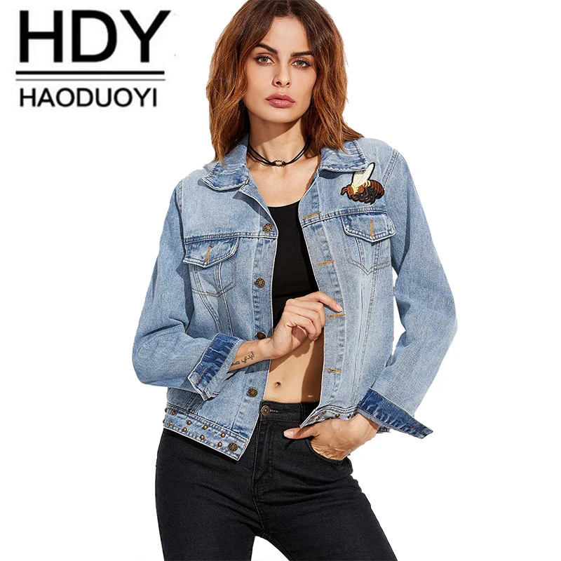 Haoduoyi одежда джинсовая куртка уличная Женская Однотонная синяя Базовая верхняя