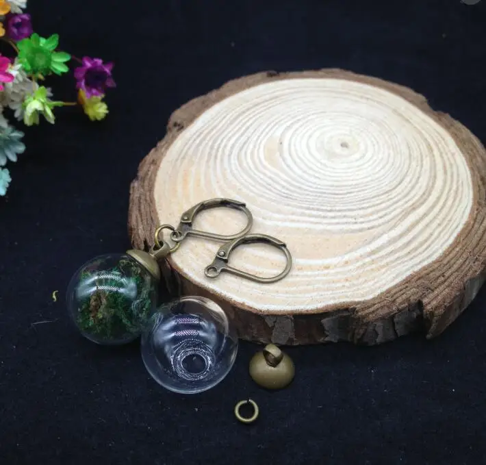 1pair 16*4mm Handmade round glass globe &amp ear hook vial with green moss diy earring wire wishing bottle jewelry | Украшения и
