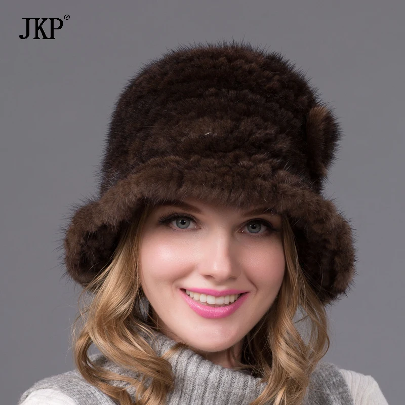 

Genuine Knitted Real Mink Fur Hat With a Flower Natural Mink Fur Cap Warm Beanies