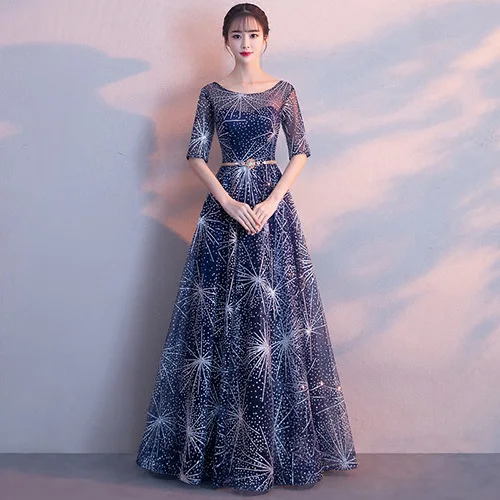 navy blue Блестящее бальное платье с блестками, вечерние платья, длинные, элегантное официальное с короткими рукавами, вечернее платье размера плюс - Цвет: navy blue
