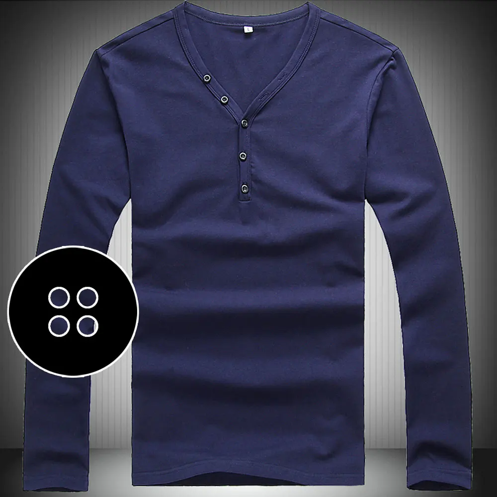 Long Navy Мужские облегающие футболки, летние хлопковые футболки, мужские повседневные майки, облегающие футболки с v-образным вырезом и пуговицами, футболки с коротким рукавом, большие размеры S-3XL - Цвет: Long Navy