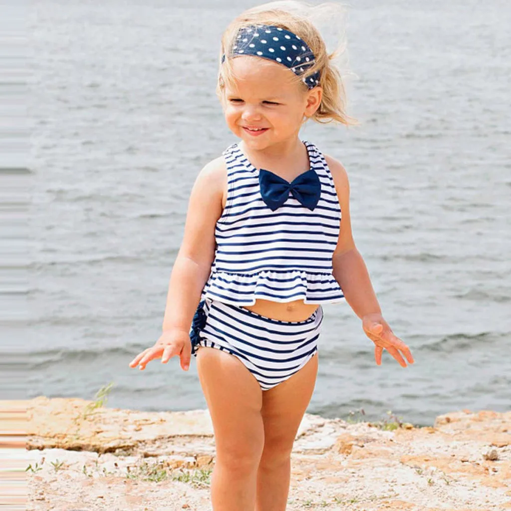 Children Swimwear Summer Toddler Kid Baby Girl Bow Swimsuit Striped Bathing Suit Bikini 2pc Set T9# | Мать и ребенок