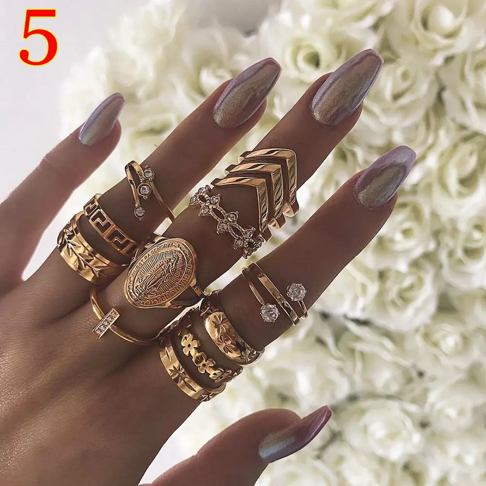 5-13PCS 1 комплект, винтажные кольца для женщин геометрической формы, в стиле бохо, серебряная черепаха, Кит, хвост, волны, набор колец, кастет пальца, очаровательные волнистые кольца, ювелирные изделия - Цвет основного камня: 5-13PCS