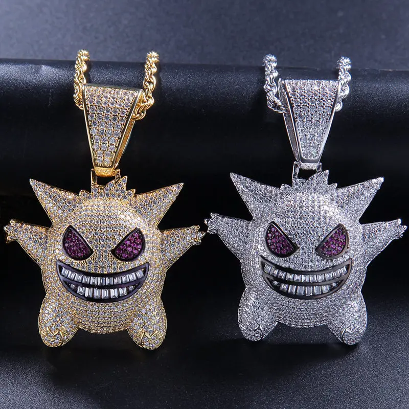 Инкрустированное цирконием золото серебро синий фиолетовый Забавный Gengar ожерелье животное аниме подвеска «эльф» мужские хип-хоп ювелирные изделия