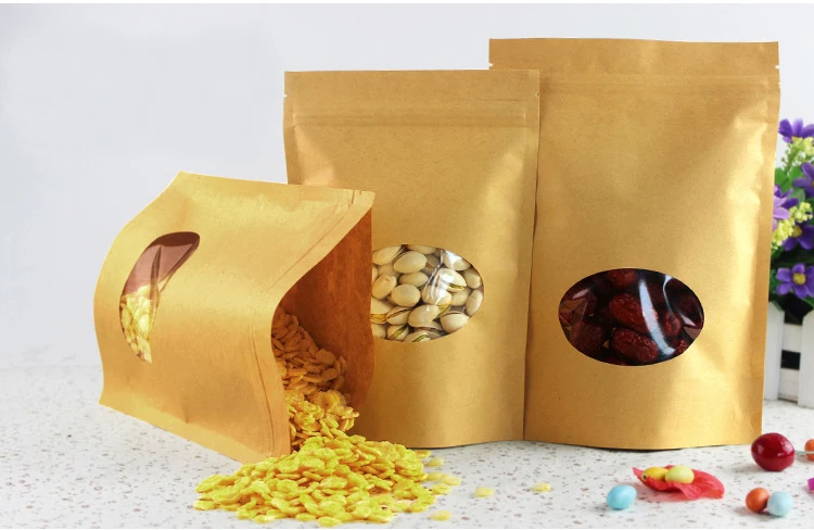 

11*16+3cm 100pcs Stand Up Clear Window Brown kraft paper bags with Zipper lock for Food/Tea/Nut/Coffee Resealable Packaging Bag