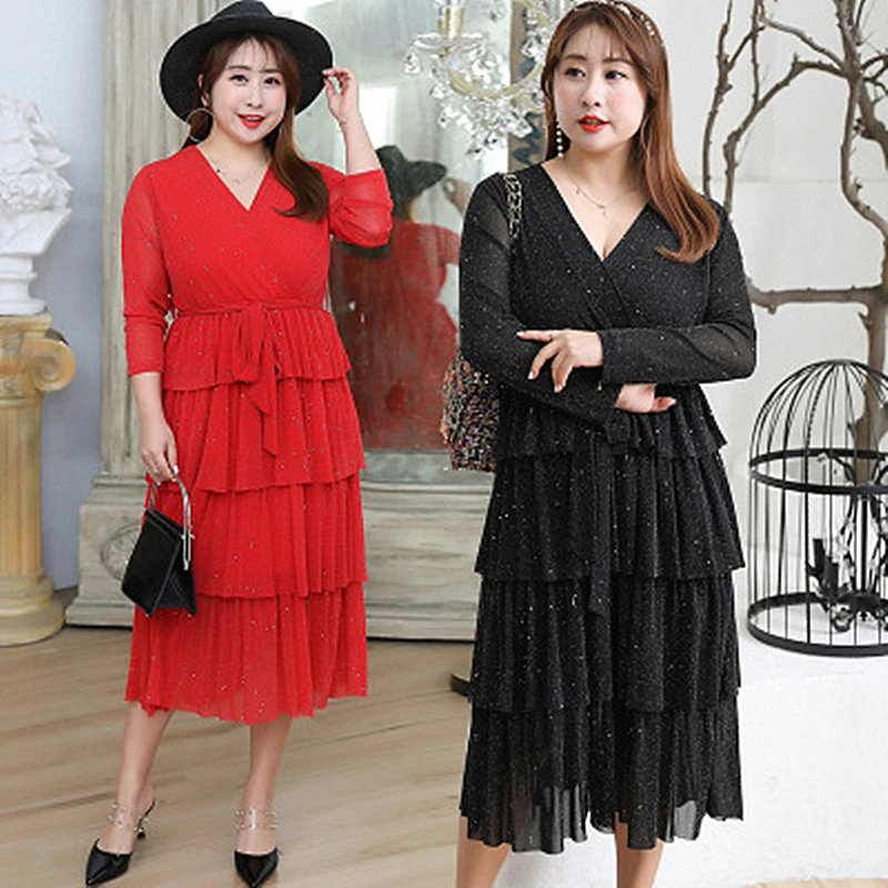 

2019 Spring And Summer New Fat MM Large Size Women's Clothing Plus Fat Temperament Bright Silk Dress Slim Atmosphere