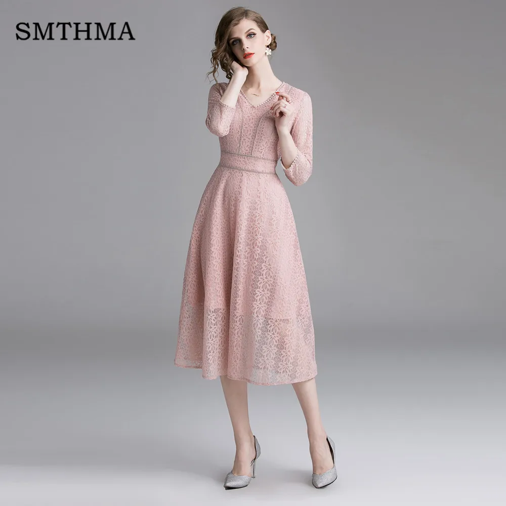Photo Color SMTHMA весеннее кружевное платье для работы, повседневное, тонкое, для работы, для женщин, для вечеринки, платья с v-образным вырезом, сексуальное, открытое, розовое, длинное платье Vestidos - Цвет: Photo Color