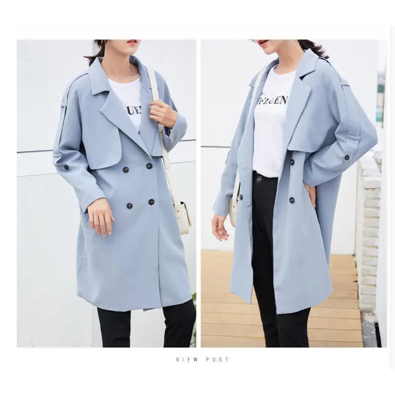 2020 Autumn New Loose Suit Windbreaker Fashion Double-breasted Simple Solid Spring Long Long-sleeved Jacket Plus Size Coat f873 | Женская