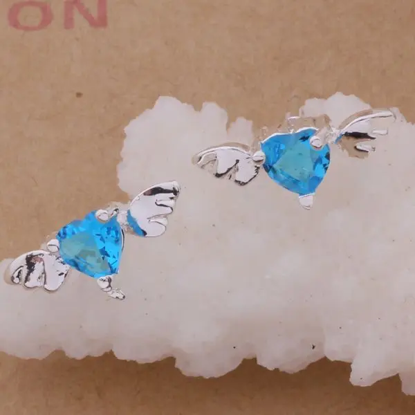 Женские серьги серебряного цвета с крыльями и голубым сердцем|silver earrings|wholesale silver