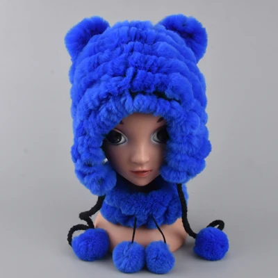 Blue set Детские меховые шапки, шарф-кольцо с помпоном, шапочки для девочек, настоящий мех кролика, помпон, шапка с широкими полосками, ручная работа, зимние шапки с ушками - Цвет: Blue set