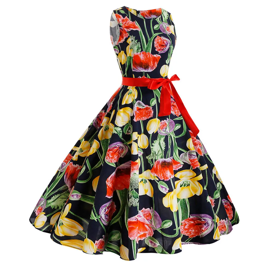 Летние женские платья Элегантное тонкое винтажное платье без рукавов с круглым