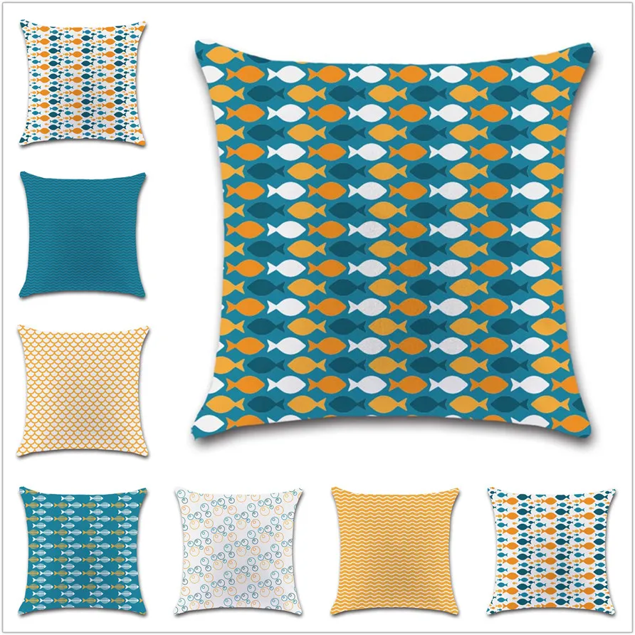 Чехол для подушки в морском стиле с желтыми волнами и полосками|Наволочки| |