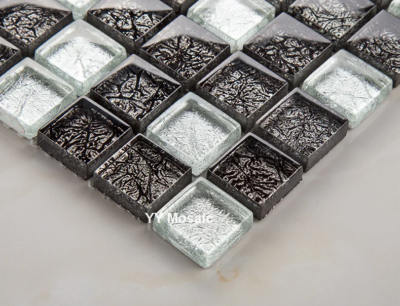 Черный Серебряный цвет фольга стеклянная плитка квадратная мозаика кухня backsplash