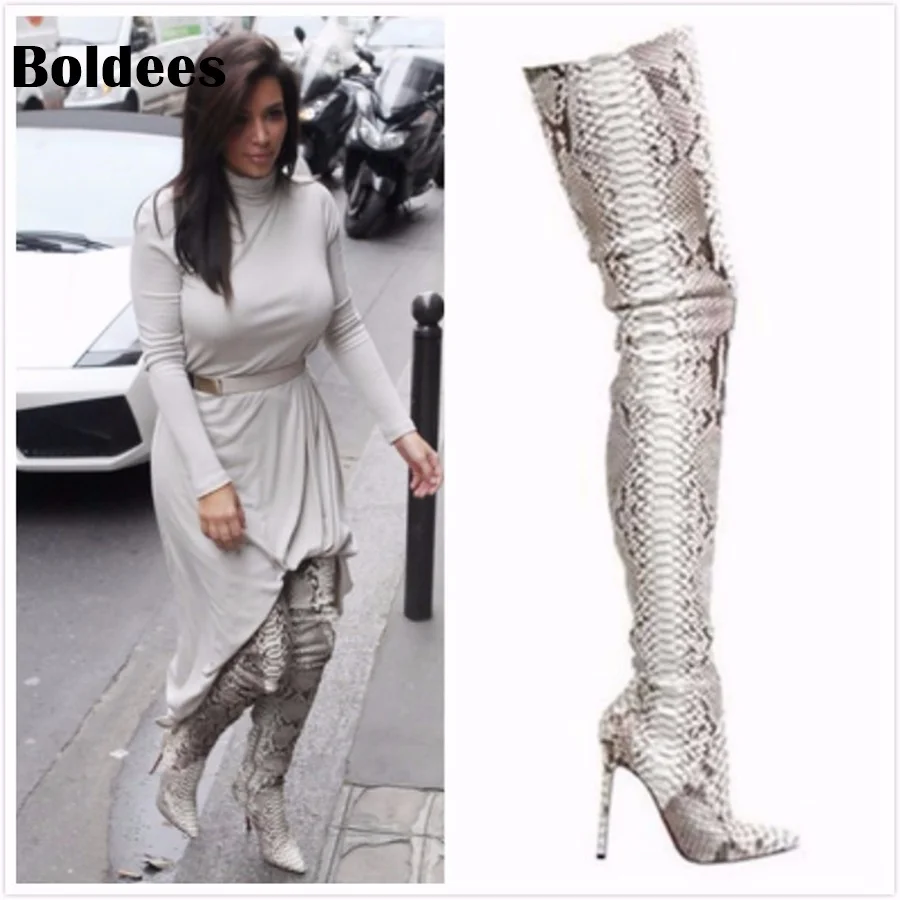 Snakeskin Women Boots New Fashion Pointed Toe High Heel Over The Knee Boots Sexy Snake Pumps Lady Side Zipper Long Booty