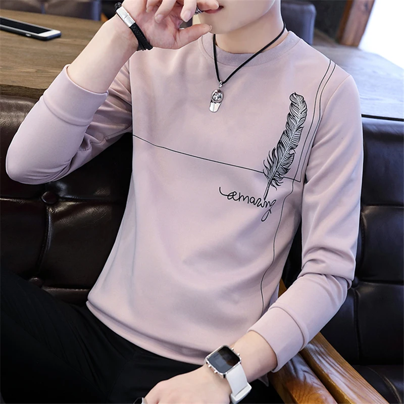 pink Модные тонкие футболки с длинным рукавом для студентов, мужские футболки с круглым вырезом и принтом, осенние дышащие новые корейские Стильные повседневные мягкие мужские футболки - Цвет: pink
