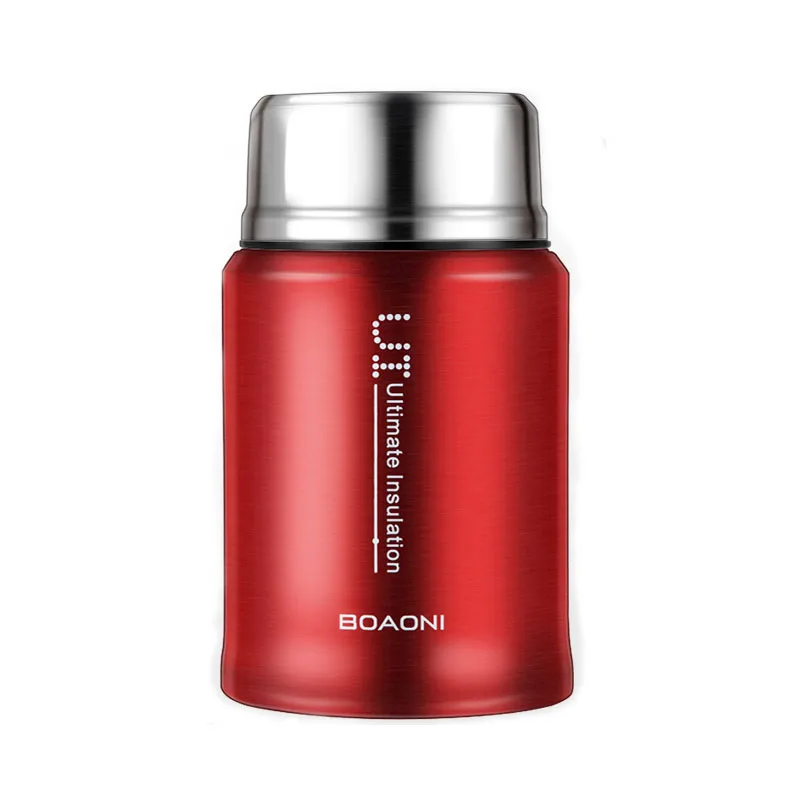 RED 600ml BOAONI, 750 мл, термос, банка для еды с вакуумной изоляцией, нержавеющая сталь, термо-бокс для кухни, контейнер для еды, сохраняющий тепло, со складной ложкой - Цвет: RED 600ml