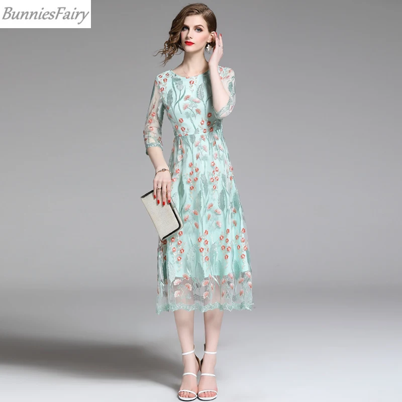 Mesh Embroidered Dress Female Summer Sweet Long Fresh Green Midi | Женская одежда