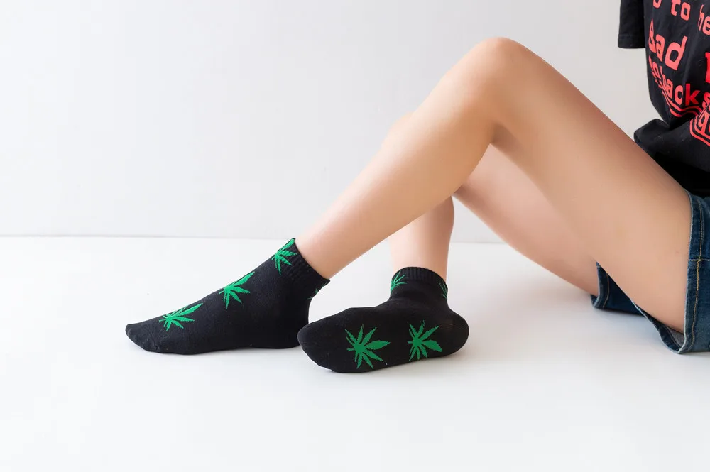 Moda Socmark Summer Women Men's Funny Ankle Socks Hemp Meias Long Happy Maple Leaf sokken Cotton Weed Grass White Black Socken