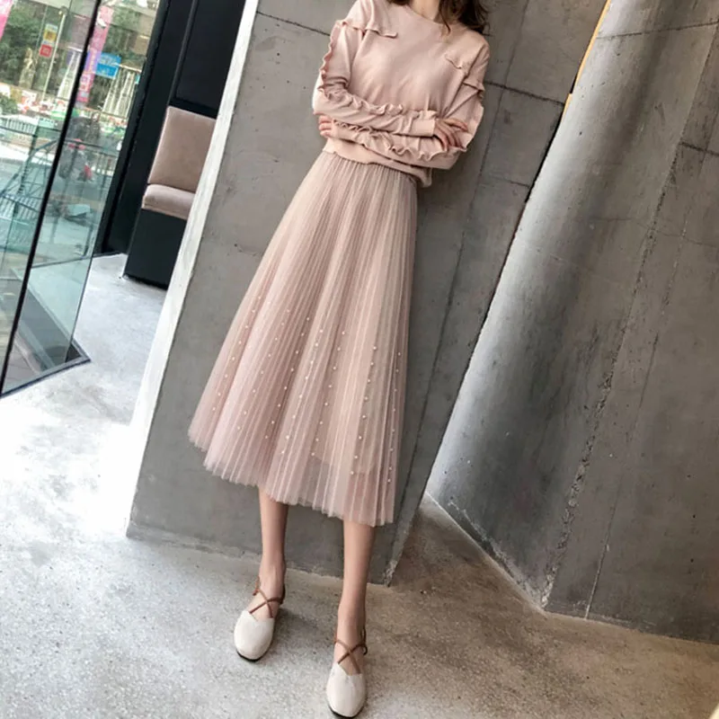 Женская плиссированная юбка пачка длинная сетчатая трапеция из тюля с