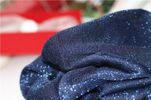 navy blue Cakucool, трикотажная рубашка для женщин, серебряный люрекс, весенние топы, длинный рукав, круглый вырез, блуза, тонкая, короткая, блестящая, Корейская, пуловер, блузки, Femme - Цвет: navy blue