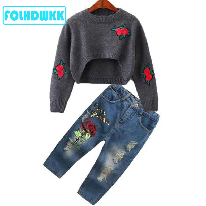 2 шт. свитер и джинсовые брюки для девочек на весну осень|Комплекты одежды