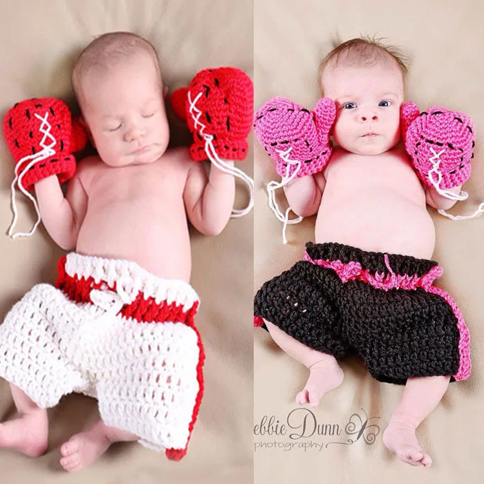 Newborn Baby Photo Photography Prop Costume Hat boys Girl Crochet Knit Clothes boxer Boxing gloves + pants Set for Infant | Детская