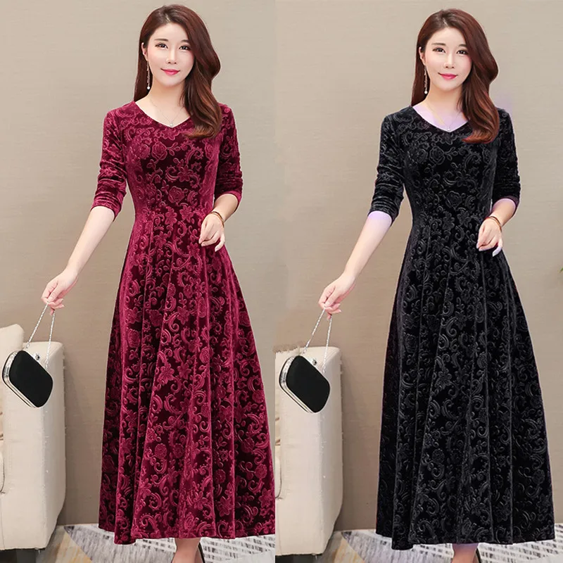 Женское весенне осеннее бархатное винтажное длинное платье до щиколотки с