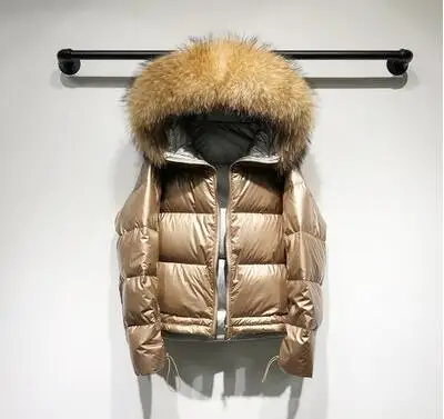 gold coat brown fur Зимнее пальто из натурального меха енота, Женская Толстая теплая пуховая парка с капюшоном, женский пуховик на белом утином пуху, водонепроницаемая Свободная куртка - Цвет: gold coat brown fur