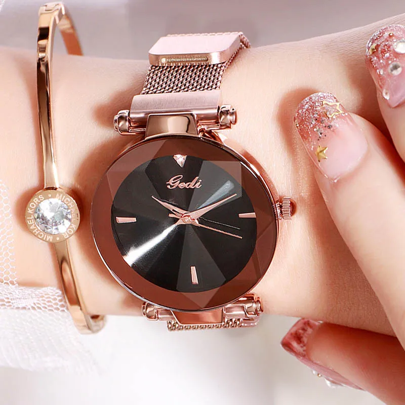 Rosegold black GEDI Магнитный сетчатый ремень женские наручные часы Элегантные кварцевые женские часы модные водонепроницаемые часы женские новые брендовые reloj mujer - Цвет: Rosegold black