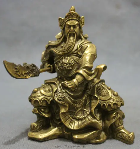 Folk Chinese Pure Brass Carved Dragon Head Warrior GuanGong GuanYu God Statue copper Decoration real Brass