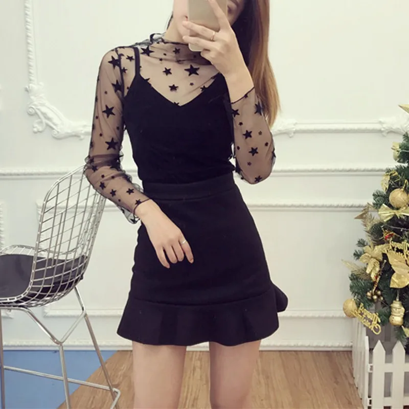 2017 модные сетчатые Женские топы с длинными рукавами популярные сексуальные