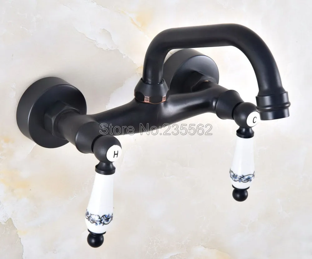 

Black Oil Rubbed Bronze Wall Mounted Swivel Bathroom Sink Faucet Double Handle Mixer Tap Lnf821