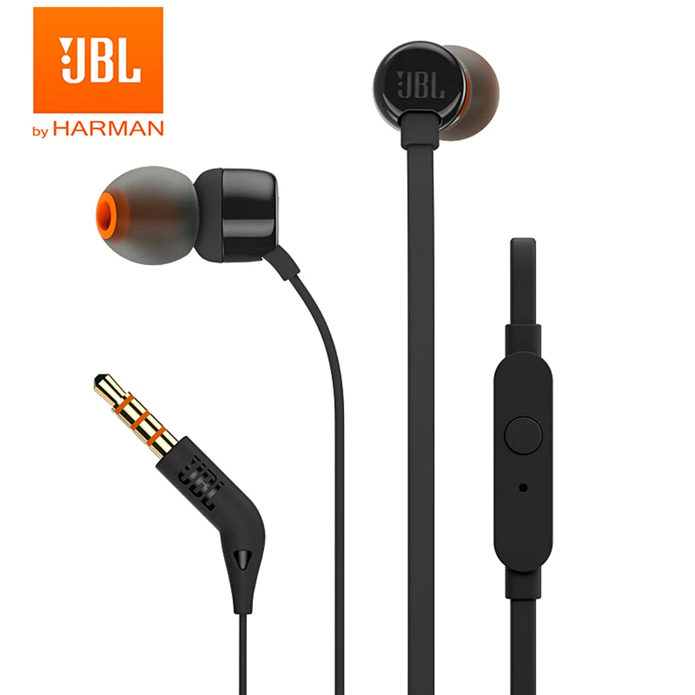 JBL T110 3,5 мм проводные наушники стерео музыка бас гарнитура спортивные наушники встроенный контроль Hands-free с микрофоном - Цвет: Черный