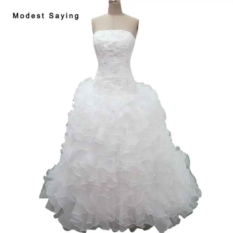 

Sexy Ball Gown Strapless Ruffled Wedding Dresses 2019 Formal Organza Beaded Lace Bridal Gown Ivory Custom Made vestido de noiva