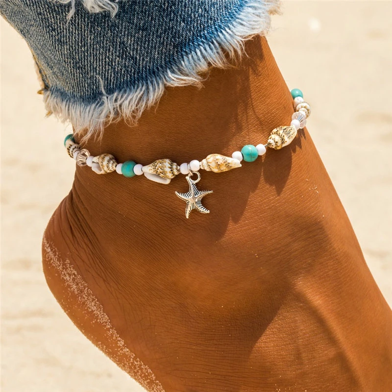 Tobillera de Caracolas con Colgante en Forma de Estrella de Mar, Pulsera Bohemia Hecha a Mano para el Pie o la Muñeca, Ideal para Ir a la Playa, Combinable con Sandalias, Perfecta para Regalo para Mujer