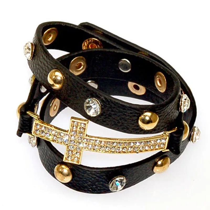 Женский кожаный браслет с двойной обмоткой фианитами|leather charm bracelet|charm braceletbracelet with