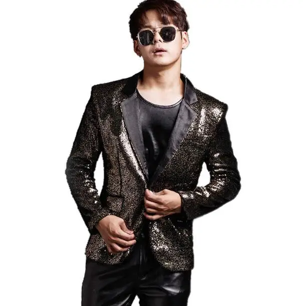 

S-3XL Hip Hop Fashion Set Bar Nightclub DS Punk Male Singer DJ GD Color Gradient Sequin Set Clothing (suit + T-shirt + pants)
