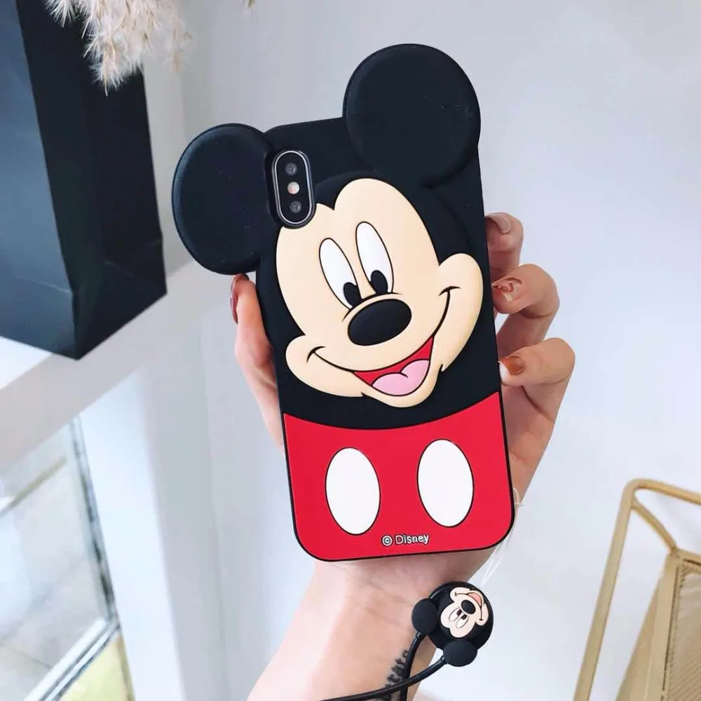 HAIANGUO Cute 3D Cartoon Minnie Mickey Mouse Soft Silicone Case For iPhone 6 6s 6S Plus 7 8 5s X Back Cover with Lanyard |