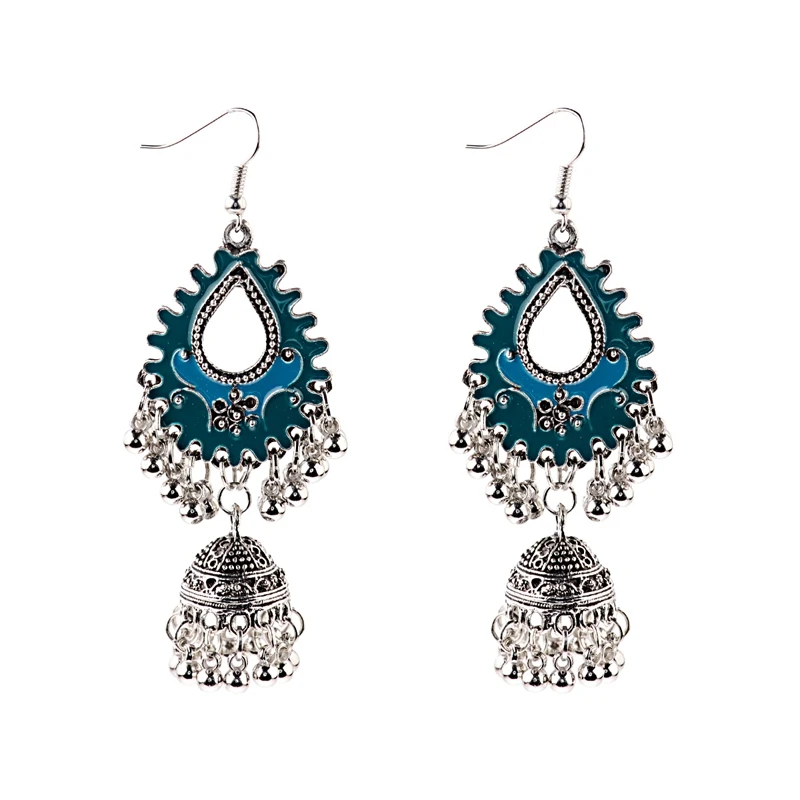 HXE075-6 TopHanqi индийские цыганские украшения Jhumka, серебряные, Boho, винтажные Этнические женские серьги, полые Висячие серьги для женщин - Окраска металла: HXE075-6
