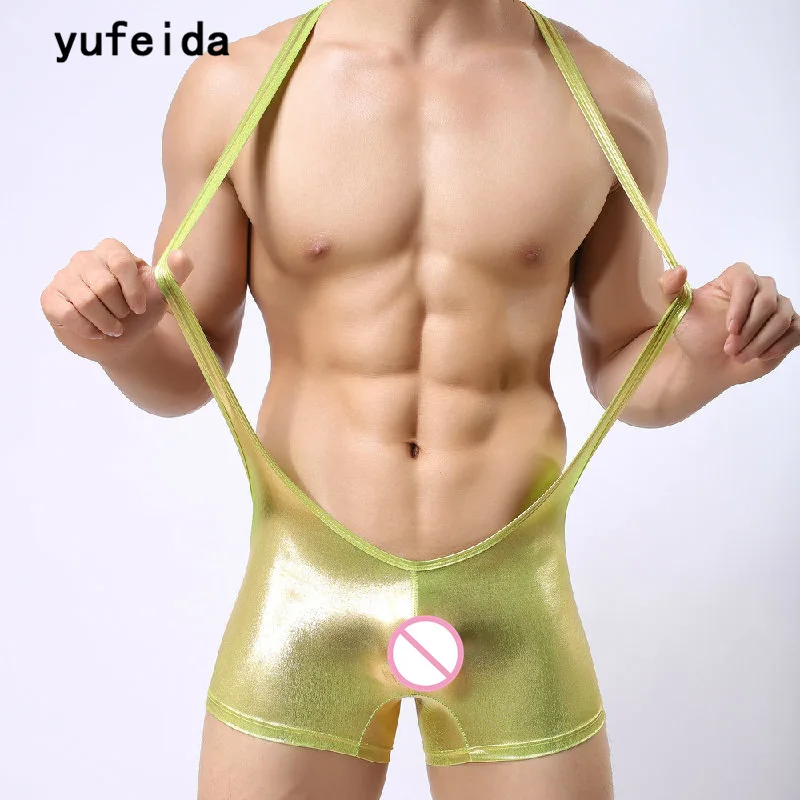 YUFEIDA Sexy Men's Lingerie Bodysuit Wrestling Singlet Brilliant Gold Jumpsuits Bodybuilding Leather Leotard Brace Erotic Linger | Мужская