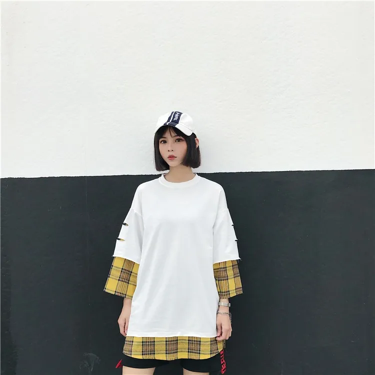 LAPPSTER летняя желтая клетчатая уличная футболка поддельные две части Harajuku Лоскутные футболки мужские Забавные футболки с длинным рукавом